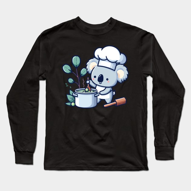 Cute koala chef holding pot with soup, koala bear cooking illustration, koala lover chef design Long Sleeve T-Shirt by Nora Liak